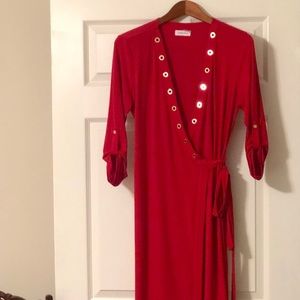 Calvin Klein red wrap dress gold accent